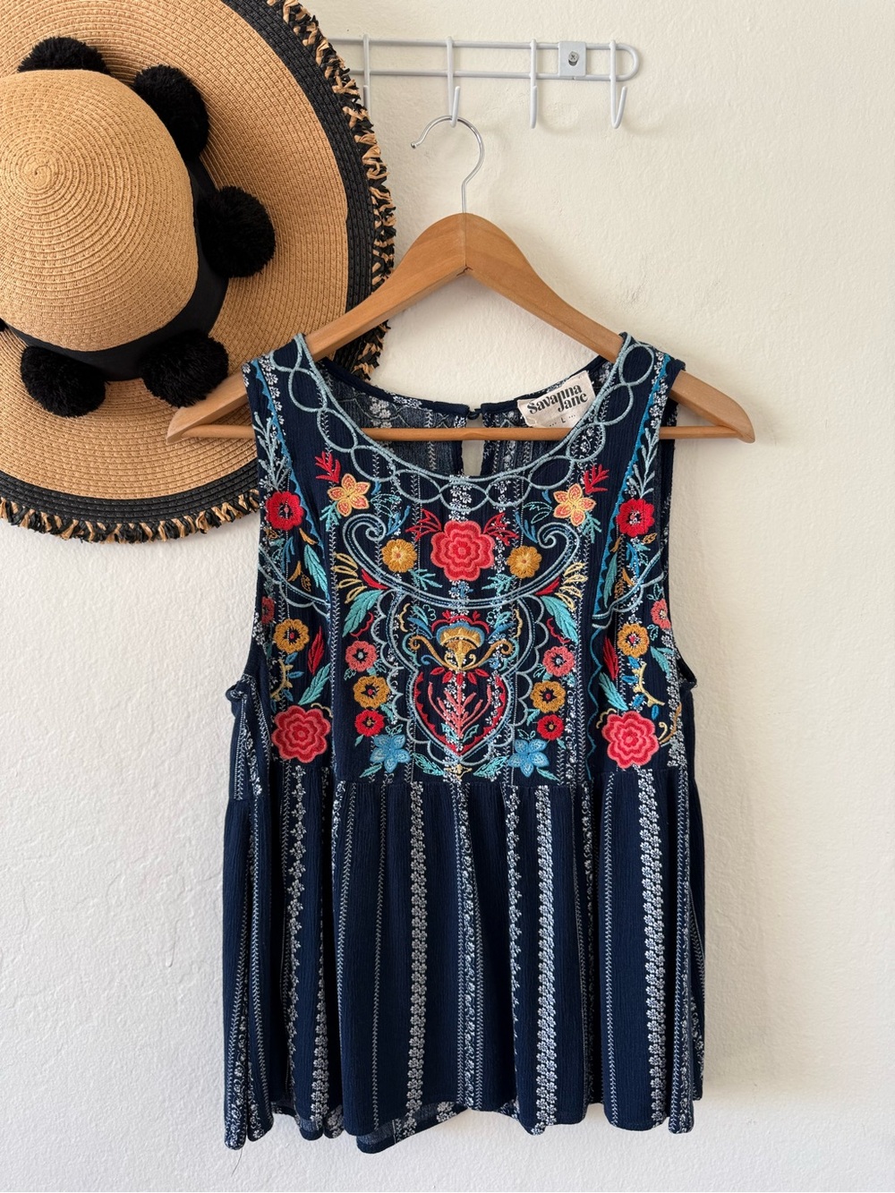 Savanna Jane Boho Floral Embroidery Flowy Sleeveless Tank Top Size Large